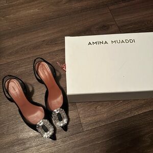 Amina Muaddi Black Heels with Silver Embellishments